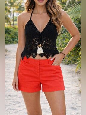 Express Bright Red High-Waist Cuffed Shorts